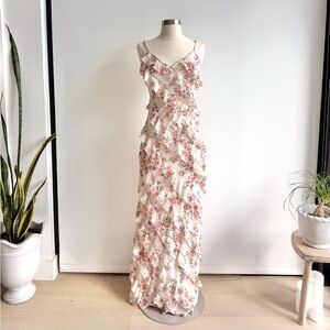 Altar’d State Floral Ruffle Maxi Dress - Ivory with Pink Roses
